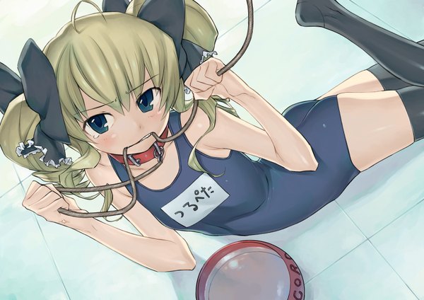 Anime picture 1500x1062 with tantei opera milky holmes akechi kokoro harmaline (artist) single long hair looking at viewer fringe blue eyes light erotic blonde hair twintails holding ahoge ass mouth hold drill hair reclining leg lift (legs lift) girl thighhighs