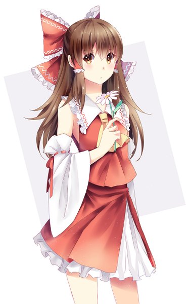 Anime picture 800x1268 with touhou hakurei reimu ling (vivianling) single long hair tall image looking at viewer blush fringe brown hair standing yellow eyes girl skirt flower (flowers) bow hair bow detached sleeves skirt set chamomile