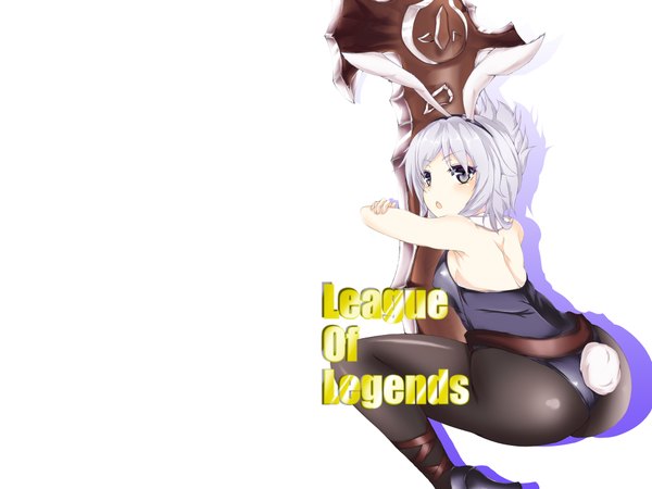 Anime picture 1920x1440 with league of legends riven (league of legends) battle bunny riven garota single blush fringe highres short hair light erotic simple background white background animal ears silver hair ass tail animal tail :o grey eyes bunny ears