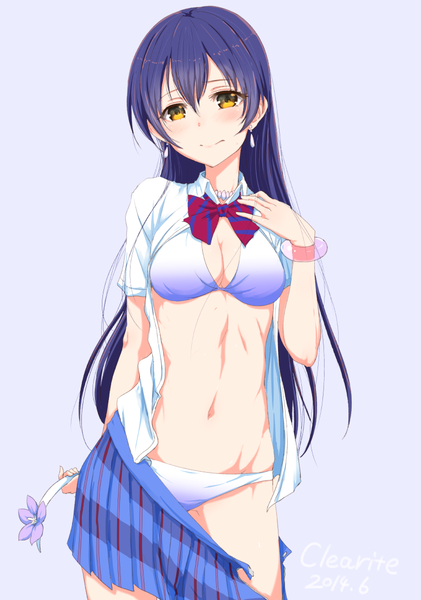Anime picture 777x1108 with love live! school idol project sunrise (studio) love live! sonoda umi clearite single long hair tall image looking at viewer blush light erotic simple background yellow eyes cleavage purple hair pleated skirt open clothes open shirt embarrassed plaid skirt