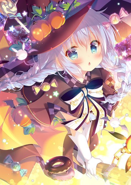 Anime picture 566x800 with gochuumon wa usagi desu ka? white fox kafuu chino mitsumomo mamu single long hair tall image looking at viewer blush open mouth blue eyes silver hair braid (braids) twin braids alternate hairstyle halloween girl bow hat food