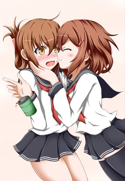 Anime picture 1046x1517 with kantai collection inazuma destroyer ikazuchi destroyer ion (artist) long hair tall image blush short hair open mouth brown hair standing white background multiple girls holding yellow eyes eyes closed light smile teeth fang (fangs) embarrassed