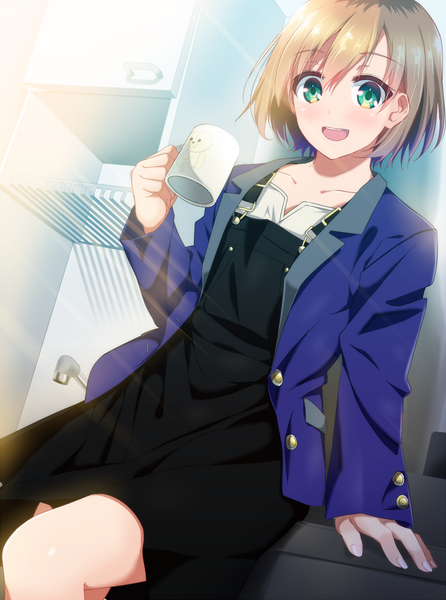 Anime picture 892x1200 with shirobako p.a. works miyamori aoi nonohachi single tall image looking at viewer short hair open mouth blue eyes blonde hair girl dress mug