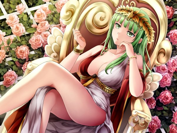 Anime picture 2400x1800 with hunie pop venus (hunie pop) ninamo single long hair highres light erotic green eyes parted lips green hair arm support crossed legs girl dress hair ornament flower (flowers) bracelet white dress rose (roses) throne