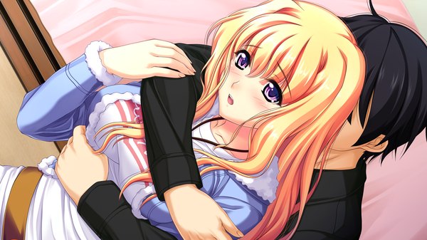 Anime picture 1280x720 with koi mekuri clover niina ayami amasaka takashi long hair blush open mouth blonde hair wide image purple eyes game cg hug girl boy