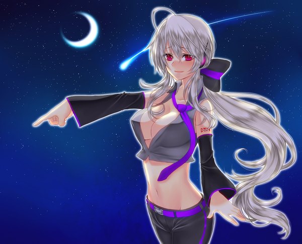 Anime picture 2100x1700 with vocaloid yowane haku long hair highres purple eyes sky night girl necktie moon star (stars)