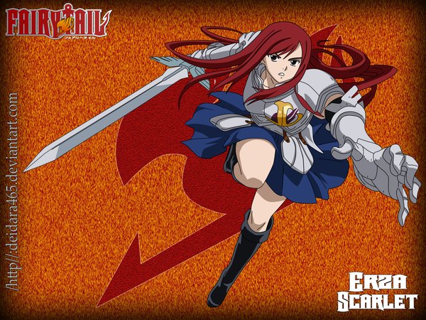 Anime picture 2572x1932 with fairy tail erza scarlet deidara465 single long hair highres simple background red hair black eyes inscription girl skirt sword armor thigh boots