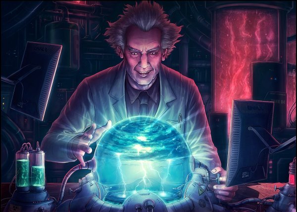 Anime picture 1200x856 with original grafik (artist) white hair light lightning science fiction old man boy monitor labcoat