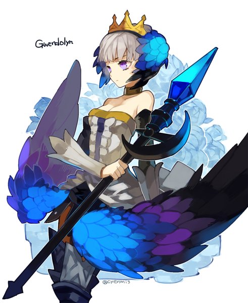 Anime picture 700x855 with odin sphere vanillaware gwendolyn cyenmi3 single tall image short hair simple background white background purple eyes bare shoulders signed looking away cleavage blunt bangs grey hair character names girl hair ornament weapon