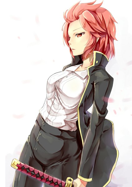 Anime picture 707x1000 with akuma no riddle namatame chitaru pack er 5 single tall image short hair breasts red eyes red hair backlighting girl weapon sword katana pants coat blouse