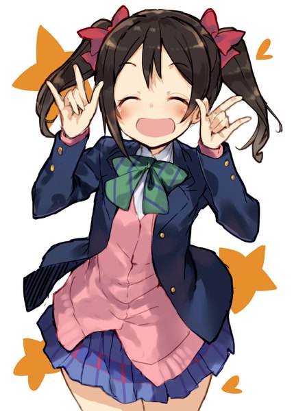 Anime picture 796x1112 with love live! school idol project sunrise (studio) love live! yazawa nico shirabi single long hair tall image blush open mouth black hair twintails eyes closed plaid skirt happy mmm girl skirt uniform bow