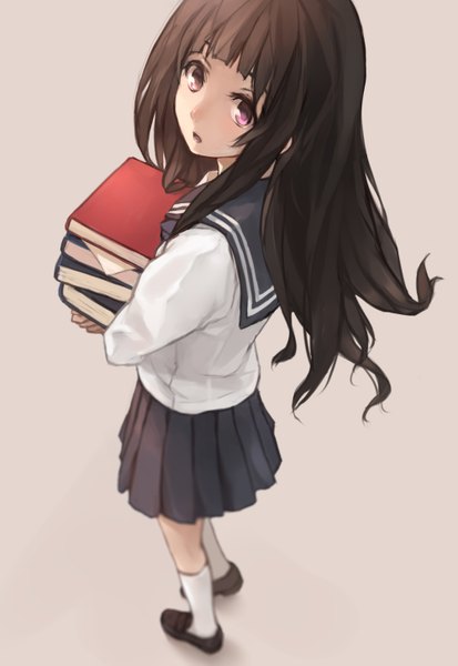 Anime picture 1000x1453 with hyouka kyoto animation chitanda eru xiao qiang (overseas) single long hair tall image fringe open mouth black hair simple background standing purple eyes holding looking up girl skirt uniform school uniform shirt