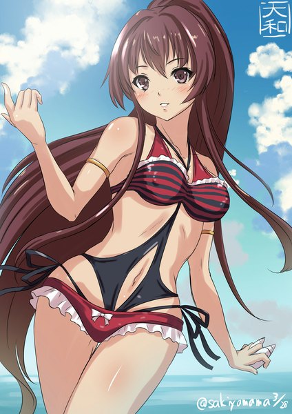 Anime picture 800x1131 with kantai collection yamato super battleship sakiyamama single tall image blush fringe breasts light erotic brown hair large breasts bare shoulders brown eyes sky ponytail very long hair parted lips girl navel swimsuit