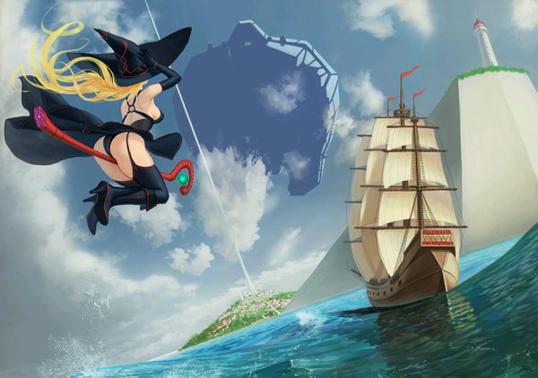 Anime picture 2480x1748 with original darkmuleth single long hair highres breasts light erotic blonde hair sky cloud (clouds) ass from below dutch angle sideboob city horizon flying adjusting hat witch girl