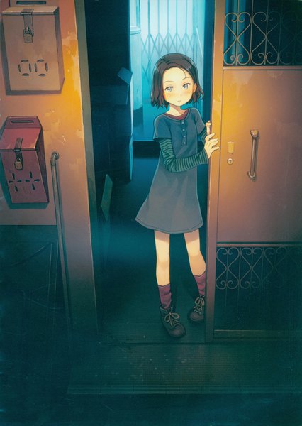 Anime picture 2469x3476 with original tnk (yoshida seiji) - fleurette yoshida seiji single tall image looking at viewer blush highres short hair blue eyes brown hair standing full body long sleeves scan scan artifacts girl dress socks boots