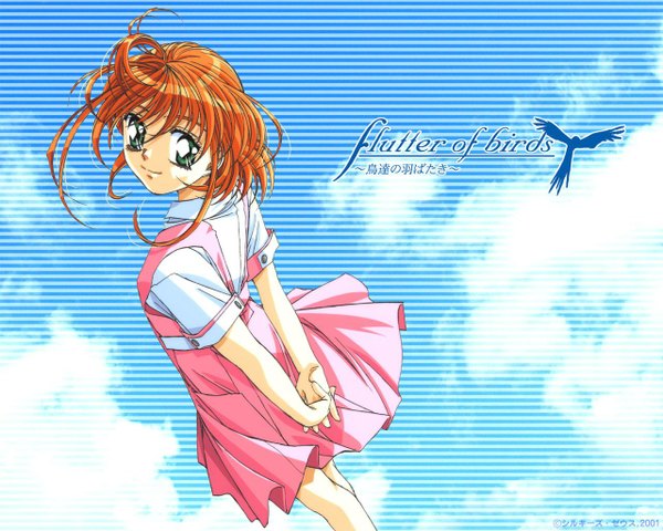 Anime picture 1280x1024 with flutter of birds morino ibuki tagme (artist) single looking at viewer fringe short hair smile hair between eyes standing green eyes sky cloud (clouds) wind orange hair short sleeves happy hands behind back girl dress
