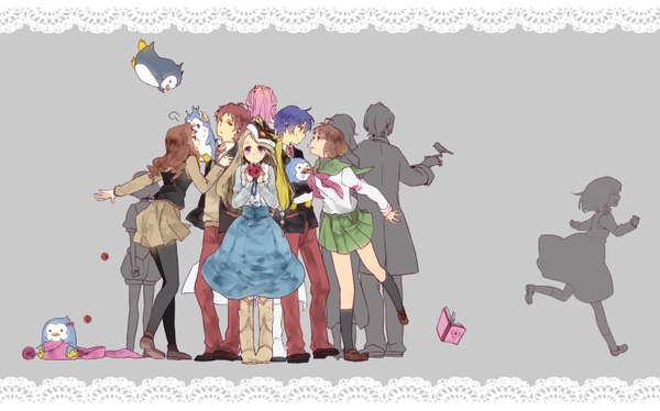 Anime picture 1500x935 with mawaru penguindrum takakura himari takakura kanba takakura shouma penguin 3-gou penguin 1-gou penguin 2-gou oginome ringo watase sanetoshi natsume masako tabuki keiju oginome momoka tokikago yuri esmeralda (mawaru penguindrum) uri 253 long hair short hair black hair brown hair wide image