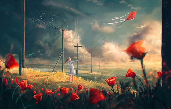 Anime-Bild 2500x1604 mit original sylar113 long hair highres standing sky cloud (clouds) outdoors wind orange hair looking up flying girl dress flower (flowers) ribbon (ribbons) plant (plants) hair ribbon animal white dress