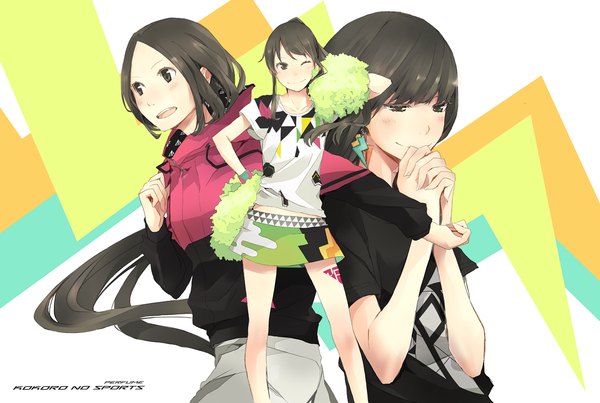 Anime picture 1280x860 with perfume (group) ayano omoto (nocchi) yuka kashino (kashiyuka) ayaka ishiwaki (a-chan) yoshito (u10) long hair blush short hair open mouth smile multiple girls brown eyes ponytail one eye closed wink inscription hand on hip hands clasped cheerleader bodypaint