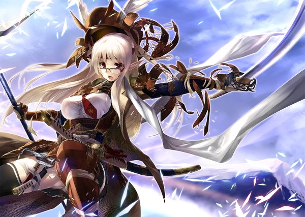 Anime picture 1405x1000 with original kiryuu takahisa single long hair red eyes sky cloud (clouds) white hair pointy ears girl thighhighs gloves weapon black thighhighs sword glasses elbow gloves boots katana helmet