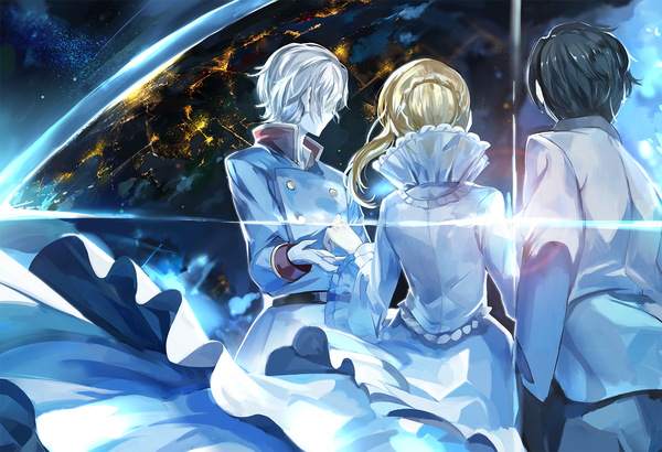 Anime picture 1400x958 with aldnoah.zero a-1 pictures slaine troyard asseylum vers allusia kaizuka inaho saberiii long hair short hair black hair blonde hair looking away white hair from behind multiple boys space girl dress boy gloves uniform