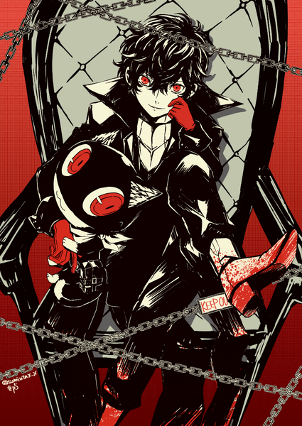 Anime picture 850x1200 with persona 5 persona amamiya ren morgana (persona 5) kawasemi sumika single tall image looking at viewer fringe short hair hair between eyes red eyes sitting from above crossed legs blood stains polychromatic high contrast boy gloves