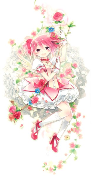 Anime picture 800x1522 with mahou shoujo madoka magica shaft (studio) kaname madoka hajida (artist) single tall image looking at viewer blush short hair open mouth simple background white background twintails pink hair pink eyes short twintails girl dress flower (flowers) bow