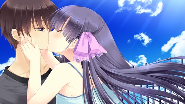 Anime picture 1280x720 with gangsta alcadia mizugaki koori miyasu risa long hair short hair black hair wide image blue hair game cg sky cloud (clouds) eyes closed black eyes couple kiss girl boy bow hair bow