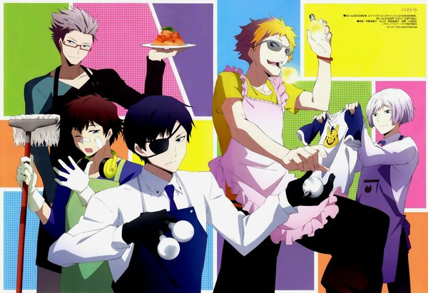 Anime picture 2000x1371 with hamatora art (hamatora) nice (hamatora) murasaki (hamatora) ratio (hamatora) birthday (hamatora) tagme (artist) looking at viewer highres short hair blonde hair smile holding blue hair looking away purple hair red hair one eye closed multicolored hair scan