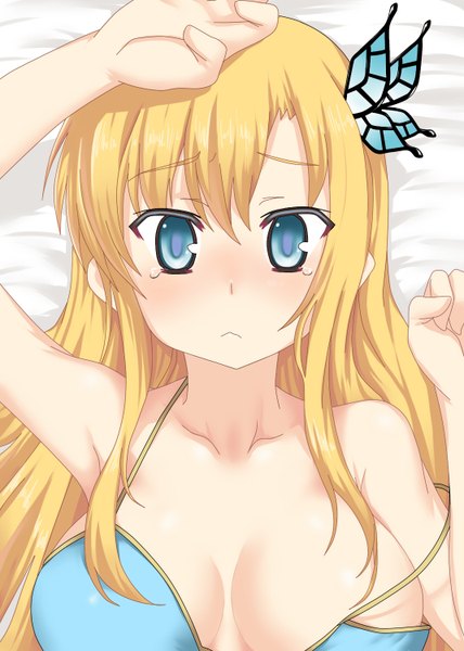 Anime picture 1070x1500 with boku wa tomodachi ga sukunai kashiwazaki sena nitoro-star long hair tall image blush breasts blue eyes light erotic blonde hair bare shoulders armpit (armpits) tears strap slip frown girl hair ornament swimsuit bikini butterfly hair ornament