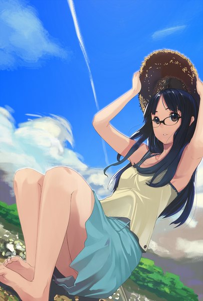 Anime picture 1377x2039 with original kagematsuri single long hair tall image black hair looking away sky cloud (clouds) barefoot black eyes bare legs girl skirt hat glasses