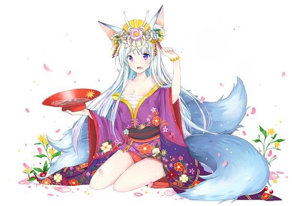 Anime picture 1000x707 with puzzle & dragons mitsuki (p&d) mo (k40633) single long hair looking at viewer blush open mouth light erotic simple background white background sitting purple eyes bare shoulders holding animal ears bent knee (knees) white hair tail long sleeves