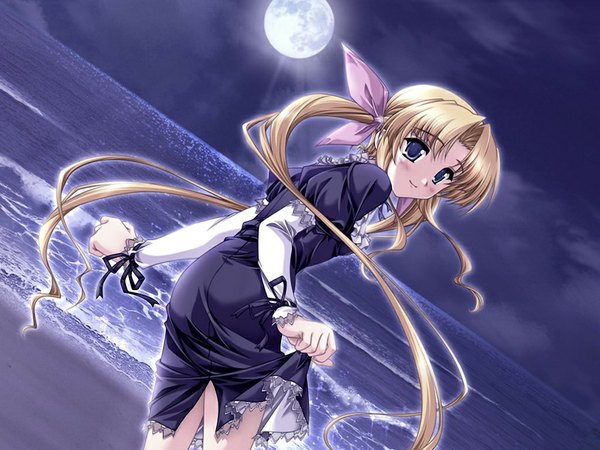 Anime picture 1024x768 with aka (game) blue eyes blonde hair game cg night girl moon