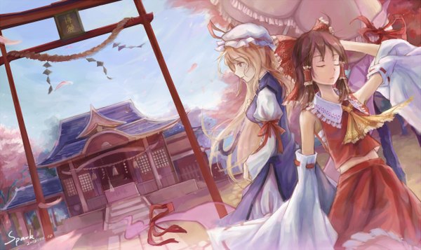 Anime picture 1223x728 with touhou pixiv hakurei reimu yakumo yukari d.b.spark long hair fringe highres blonde hair brown hair wide image bare shoulders multiple girls signed yellow eyes sky ahoge ponytail eyes closed traditional clothes