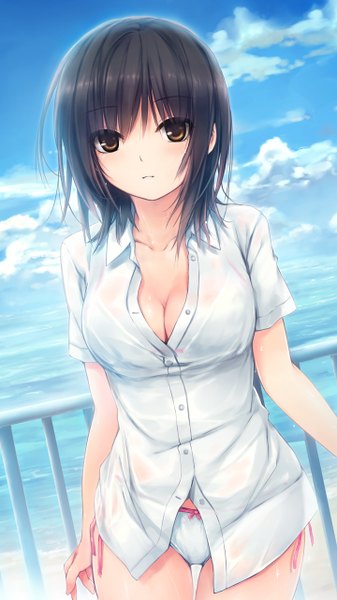 Anime picture 720x1280 with original aoyama sumika coffee-kizoku single tall image looking at viewer blush highres short hair breasts light erotic black hair large breasts brown eyes absurdres sky cleavage cloud (clouds) wet clothes wet shirt