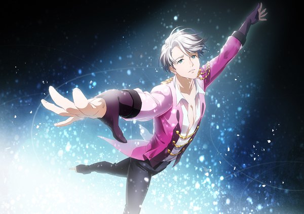 Anime picture 992x699 with yuri!!! on ice mappa viktor nikiforov zhuo mi single short hair blue eyes silver hair from above looking up spread arms figure skating boy