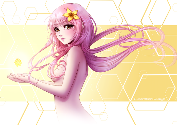 Anime picture 1697x1200 with original lukiya single long hair looking at viewer blush fringe breasts open mouth light erotic bare shoulders pink hair hair flower wind bare belly tears light girl hair ornament flower (flowers)