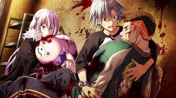 Anime picture 1280x720 with disorder 6 joe (disorder 6) shiina (disorder 6) open mouth red eyes wide image purple eyes pink hair game cg silver hair girl boy blood chain toy stuffed animal