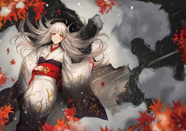 Anime picture 800x564 with original makai no juumin single long hair looking at viewer blush red eyes white hair lying traditional clothes japanese clothes from above wide sleeves on back partially submerged snowing snow blood on face blood stains afloat