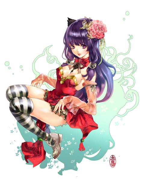Anime picture 983x1241 with original chushengdao single long hair tall image looking at viewer simple background white background purple eyes animal ears purple hair hair flower cat ears cat girl girl thighhighs dress hair ornament flower (flowers) detached sleeves