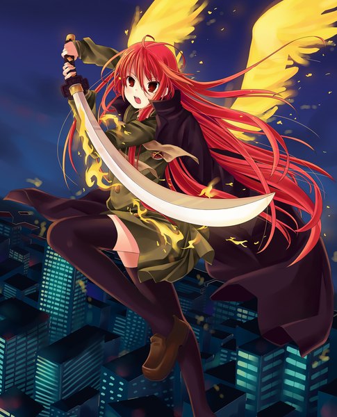 Anime picture 1146x1417 with shakugan no shana j.c. staff shana hitsukuya single long hair tall image blush open mouth red eyes cloud (clouds) red hair night sky city magic girl thighhighs weapon black thighhighs sword