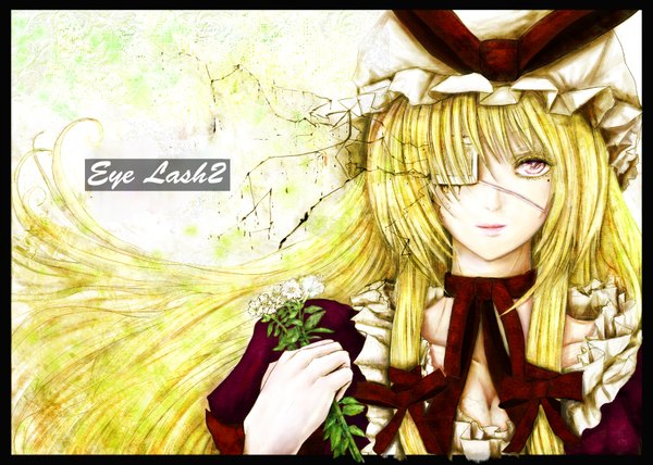 Anime picture 3632x2591 with touhou yakumo yukari namonaiteidono single long hair highres blonde hair red eyes absurdres bandage over one eye girl flower (flowers) eyepatch bonnet