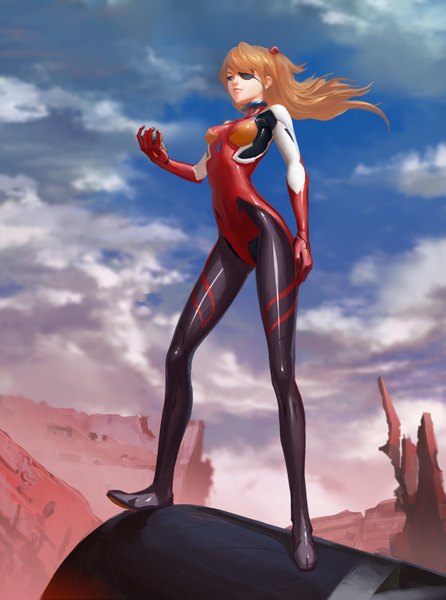 Anime picture 2480x3334 with neon genesis evangelion gainax shikinami asuka langley reisun001 single long hair tall image fringe highres breasts blue eyes standing looking away sky cloud (clouds) outdoors lips orange hair outstretched arm girl