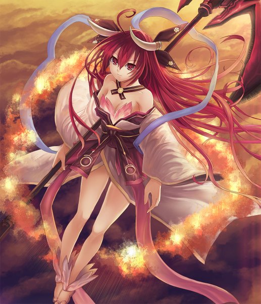 Anime picture 1200x1390 with date a live itsuka kotori ??? (artist) single long hair tall image red eyes bare shoulders red hair horn (horns) girl dress weapon shawl