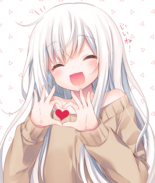 Anime picture 695x820 with original kasako (kasu) komeshiro kasu single tall image blush fringe open mouth simple background smile white background bare shoulders silver hair ahoge eyes closed happy heart hands girl heart sweater