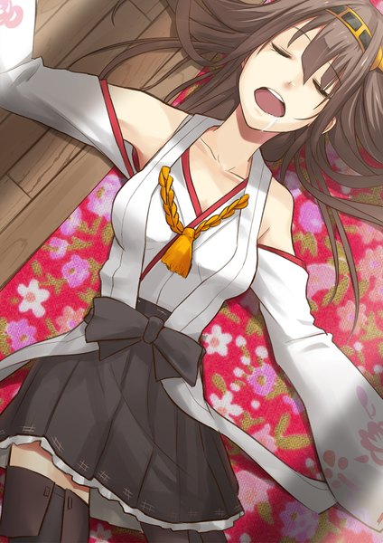 Anime picture 1200x1697 with kantai collection kongou battleship rane (etsu) single tall image open mouth brown hair bare shoulders lying eyes closed traditional clothes spread arms saliva sleeping nontraditional miko girl skirt detached sleeves hairband headband