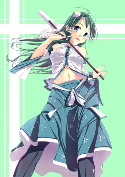 Anime picture 1753x2480 with touhou kochiya sanae cyoppu single long hair tall image highres breasts open mouth blue eyes bare shoulders green hair midriff girl dress skirt navel hair ornament detached sleeves animal