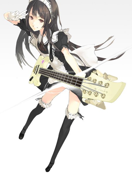 Anime picture 1000x1333 with original nil (artist) single long hair tall image looking at viewer black hair simple background smile white background brown eyes maid victory girl thighhighs gloves black thighhighs headdress maid headdress guitar