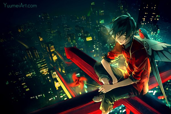 Anime picture 1500x1000 with knite sen (knite) yuumei single looking at viewer fringe short hair blue eyes black hair hair between eyes sitting signed payot ahoge bent knee (knees) from above night night sky hand on hip city