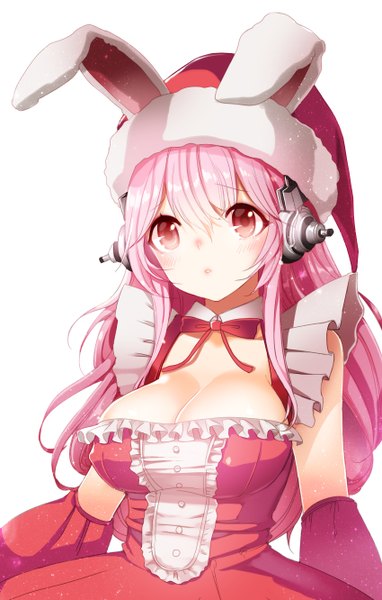 Anime picture 850x1332 with nitroplus super sonico bettols single long hair tall image simple background white background animal ears pink hair cleavage pink eyes bunny ears girl dress detached sleeves headphones